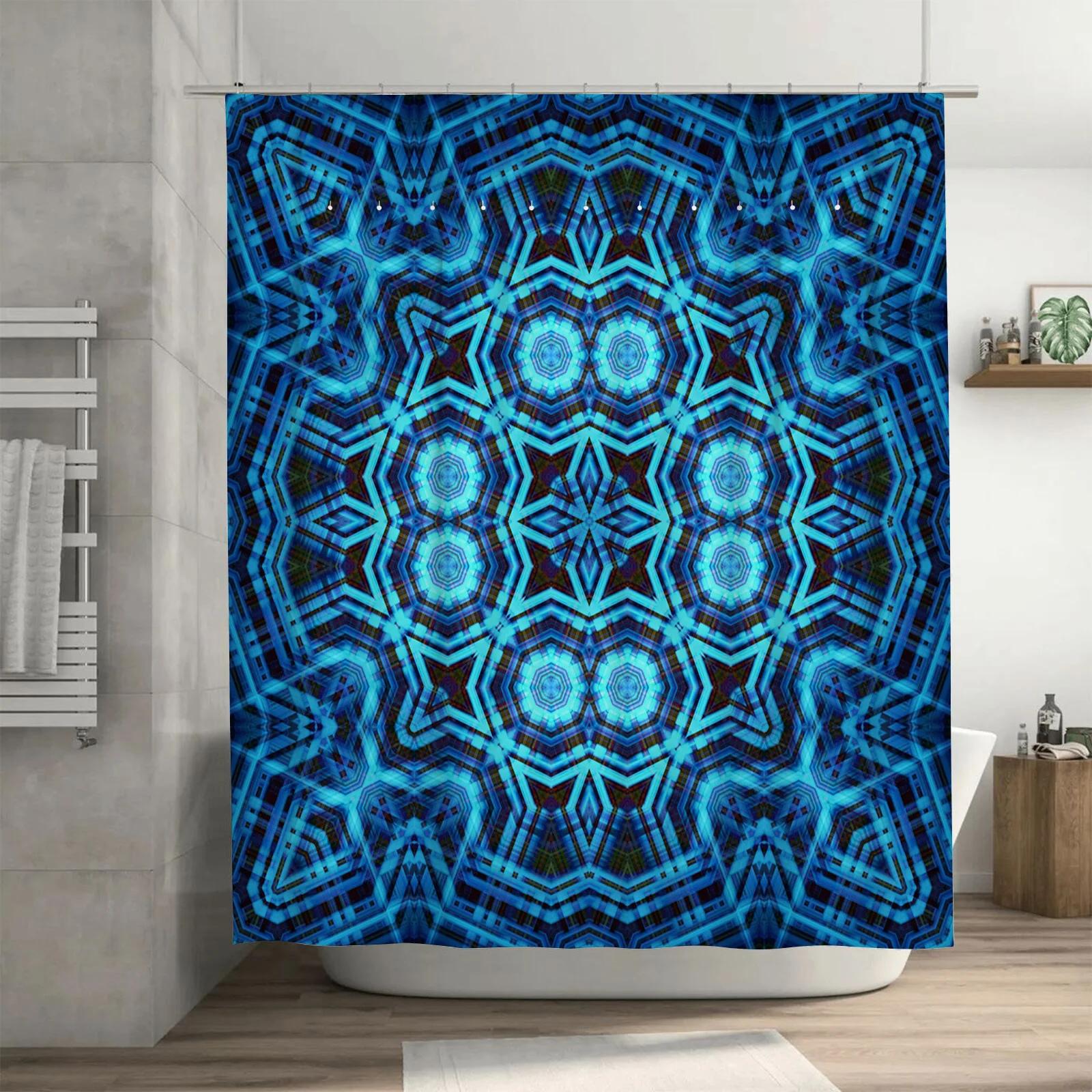 

Blue Geometric Shower Curtain, Waterproof Fabric With Rod Pocket Design For Bathroom Decorations W60H190(CM)-1 Pcs