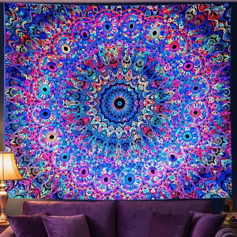 Psychedelic Mandala Tapestry, Vibrant Wall Hanging with Neon Pink & Blue Floral Mandala Pattern, for Bedroom & Party Decor