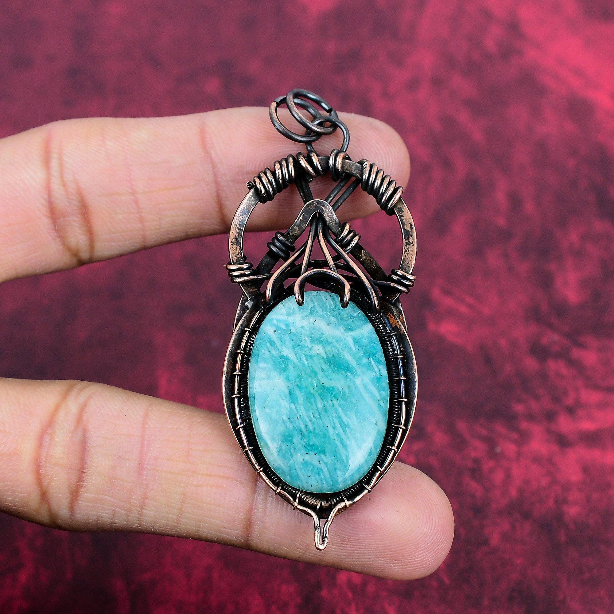 Amazonite Pendant Copper Wire Wrapped Pendant Antique Copper Jewelry Handmade Gemstone Pendant Wire Wrap Amazonite Jewelry Anniversary Gifts