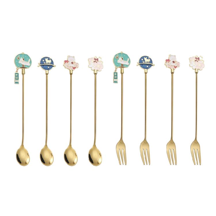 4Pcs Stainless Steel Dessert Spoon Fork Long Handle Coffee Stirring Spoons Cats Teaspoon for Dessert Milkshakes Salad