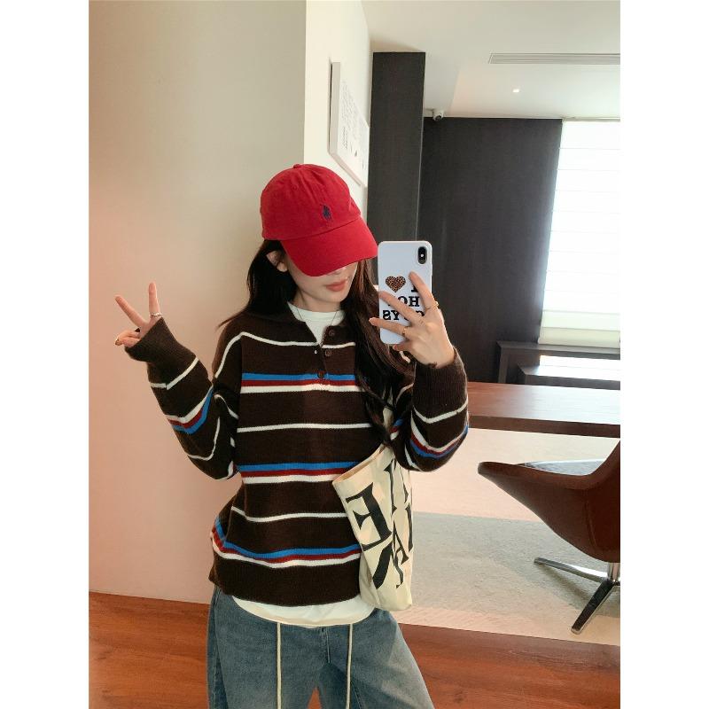 

Винтажный поло воротник в полоску трикотажный свитер с длинным рукавом осенний свободный уменьшающий возраст верхняя одежда нижний свитер женский L кофейный