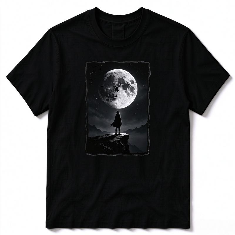 Dark Fantasy Full Moon Skull Print T Shirt Unisex Mountain Cliff Figure Silhouette Short Sleeve Street Cotton Tee Harajuku Top
