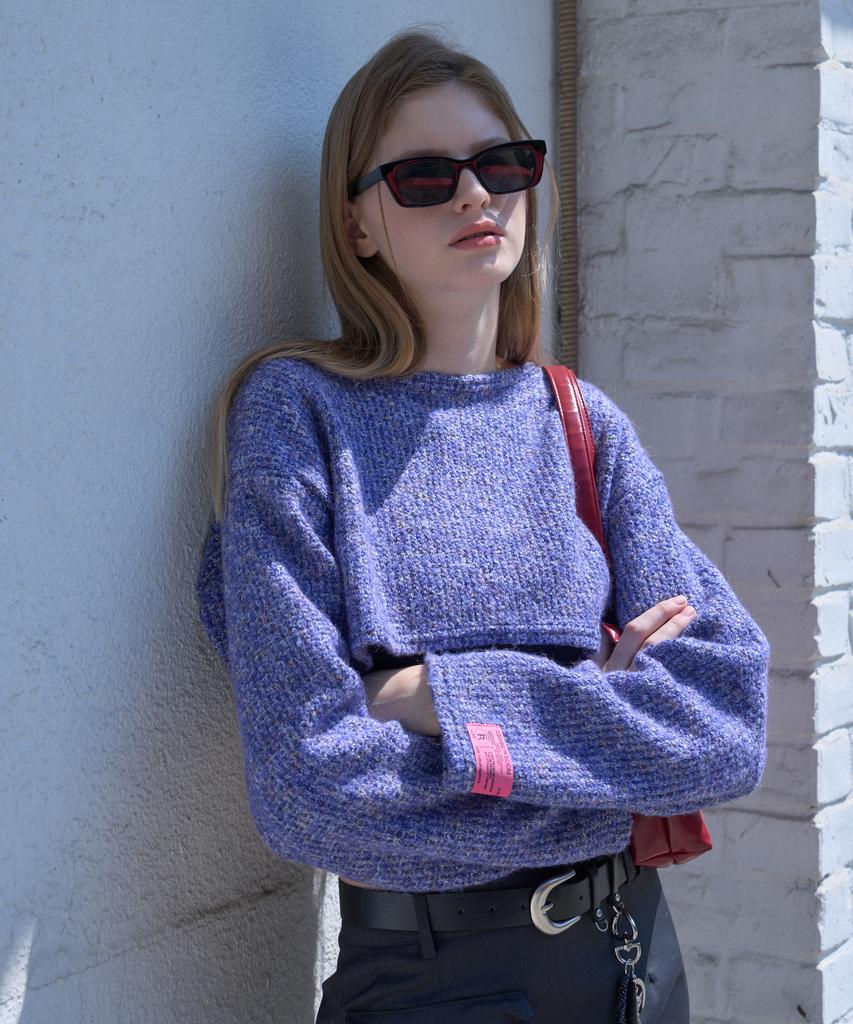 320SHOWROOM Wool Blend Round Neck Crop Stud Knit Tshirts Purple