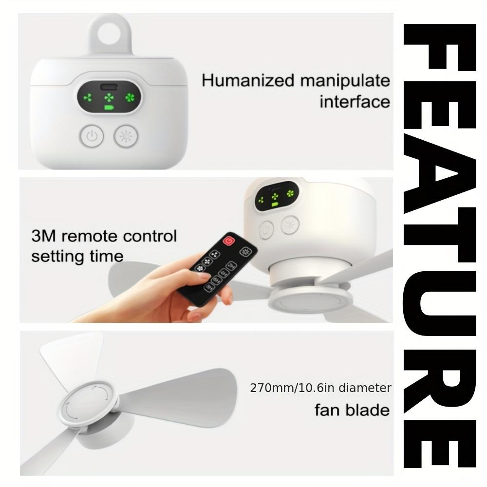 Wireless Portable Ceiling Fan with Light and Remote Control, 3 Speed Adjustment and Screen Battery Display, Capacity, Tents/Dorms/Outdoor/Indoor Use