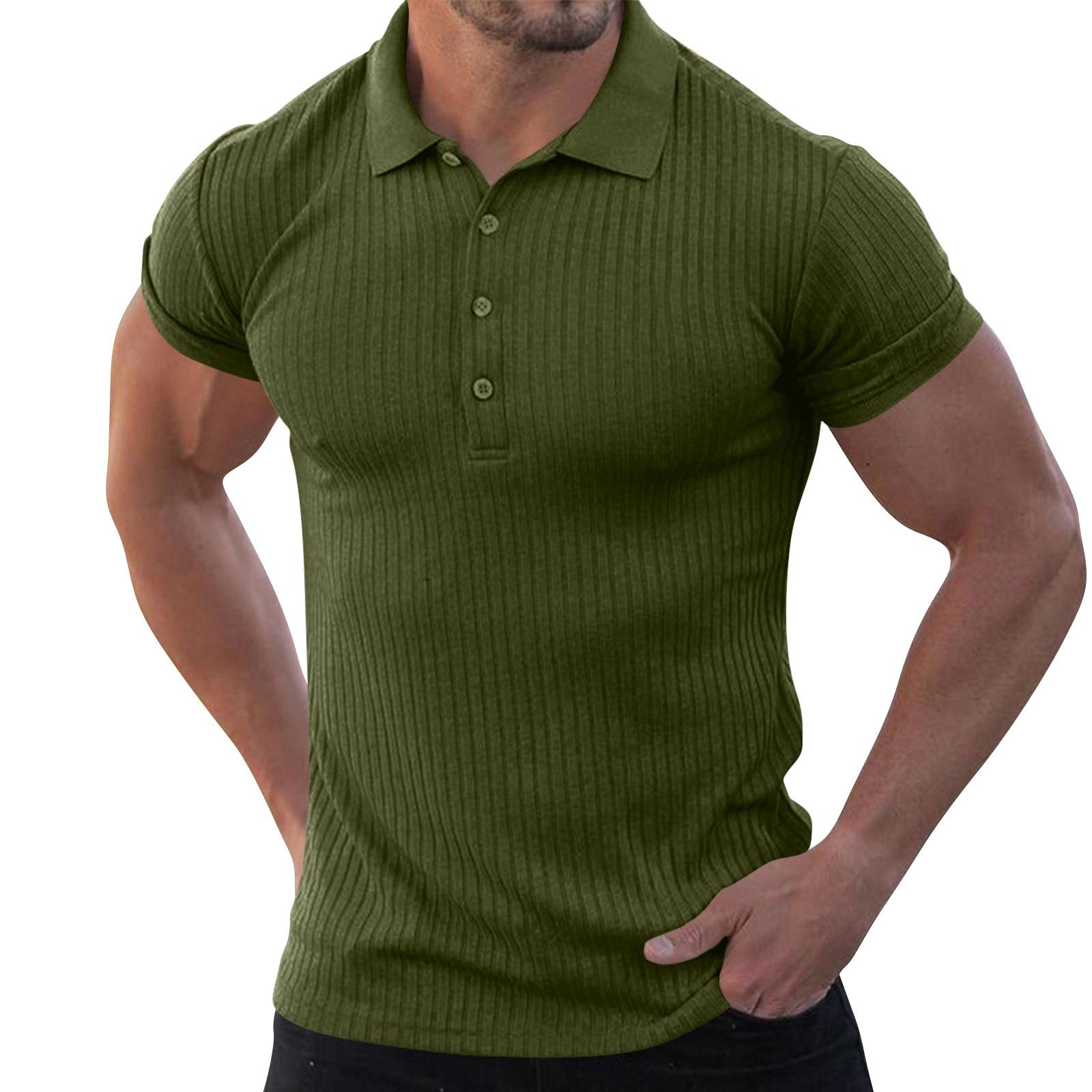 Men s Summer High-Stretch Vertical-Stripe Short-Sleeve Shirt: Slim-Fit Knit Base Layer L