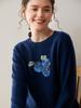 Women's Dark Blue Short Jacquard Cashmere Sweater - Round Neck, Loose Knit, Base Layer