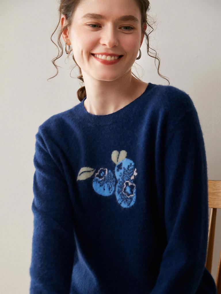 Women's Dark Blue Short Jacquard Cashmere Sweater - Round Neck, Loose Knit, Base Layer