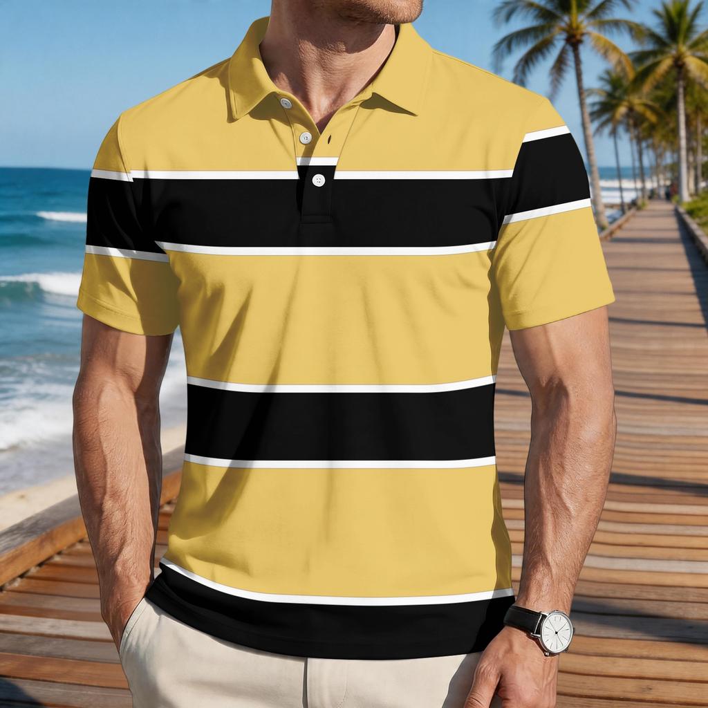 Mens Loose Fit Casual Striped Print Short Sleeve Polo Shirt with Turn Down Collar Soft Breathable Fabric for Everyday Wear