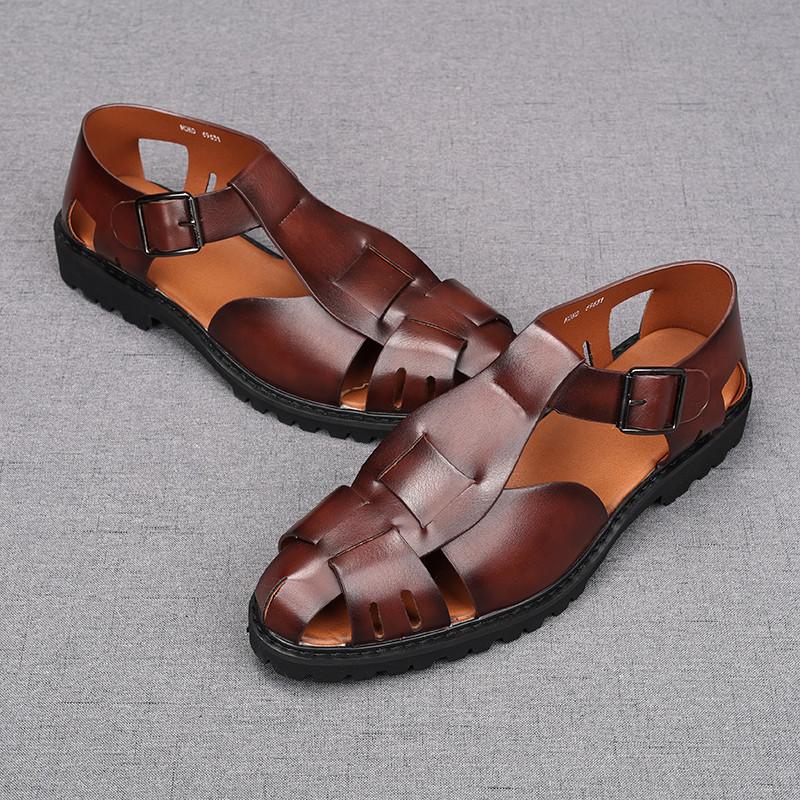 Móda Léto Nové Pánské Retro Římské Gladiátorské Kožené Sandály Vykrojené Prodyšné Boty Jednobarevné Kotníkové Spony Ležérní Boty