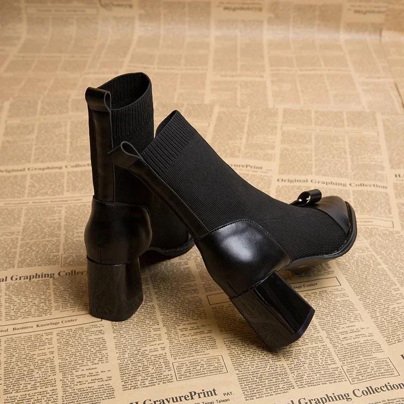 Fashion Autumn Women Knit Ankle Boots Fashion Metal Decoration Slimming Short Booties Autumn Winter Female Thick Heel Shoes