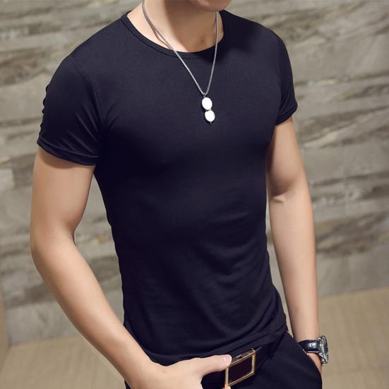 V-Neck Short Sleeve Thin Men T-shirt Summer Solid Color Slim Fit Tee Top Streetwear