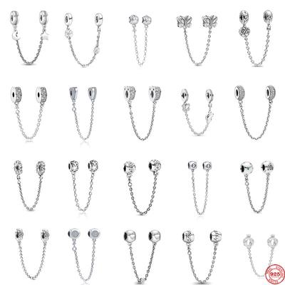 Plata 925 Zirconia Mariposa Corona de Flores Cadena de Seguridad Charm Abalorio para Colgante Pulsera Colgante Joyería DIY Para Mujeres