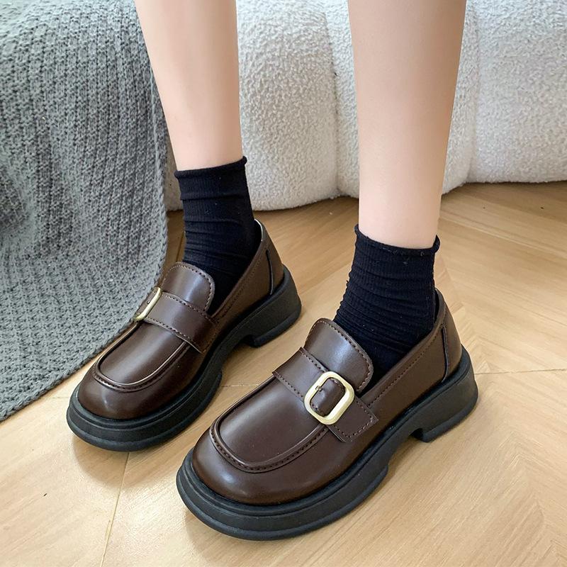 Black small leather shoes women's new thick heel thick sole non-slip belt buckle retro casual shoes