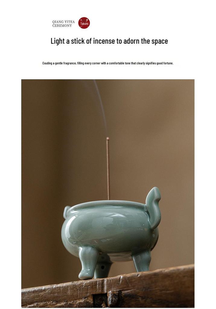 Celadon Ceramic Tripod Incense Holder for Home, Small Size, Ideal for Stick and Sandalwood Incense, Buddha Altar Supplies.