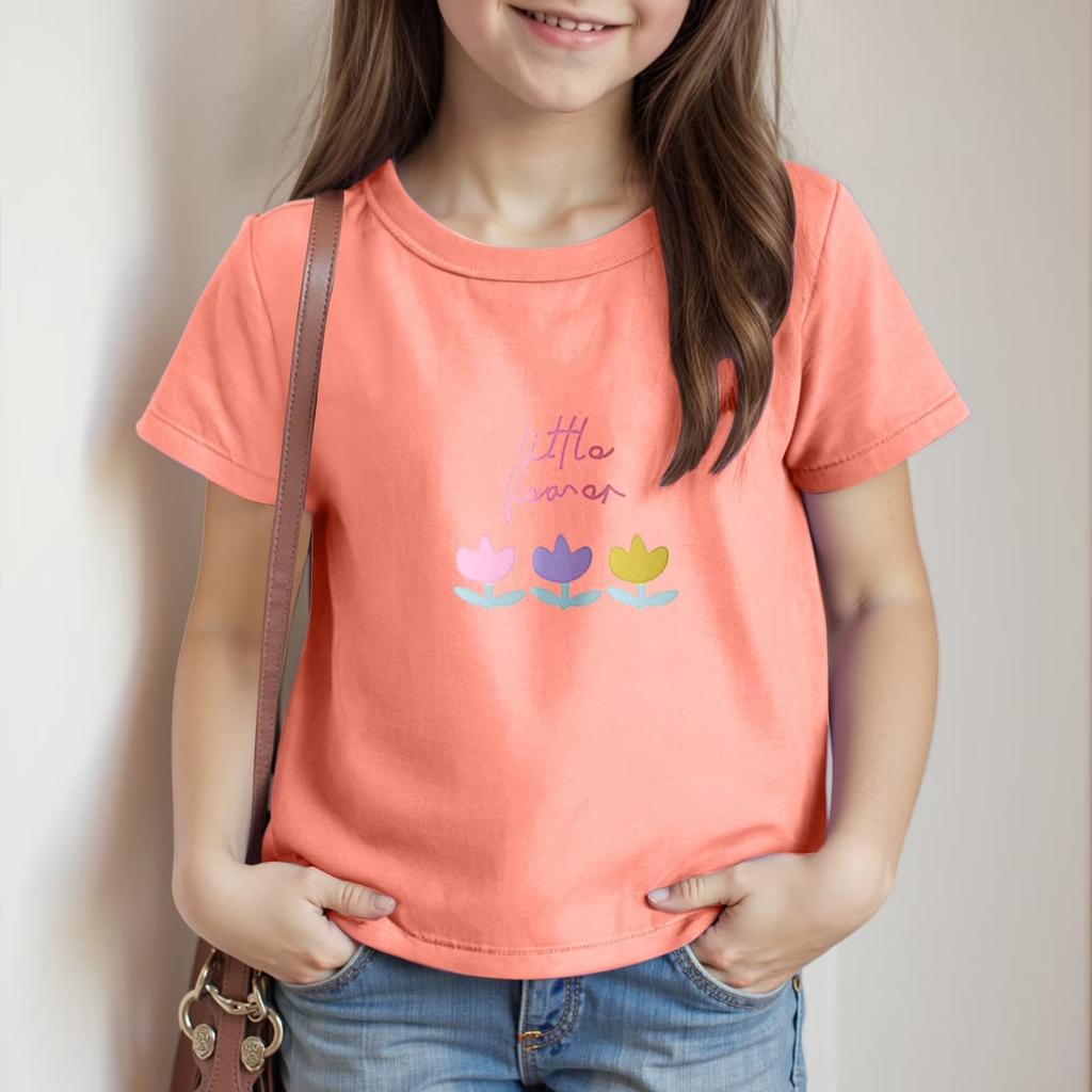 Girls Floral Print Short Sleeve T-Shirt Crew Neck Casual Top Lightweight Comfortable Fit for Everyday Wear