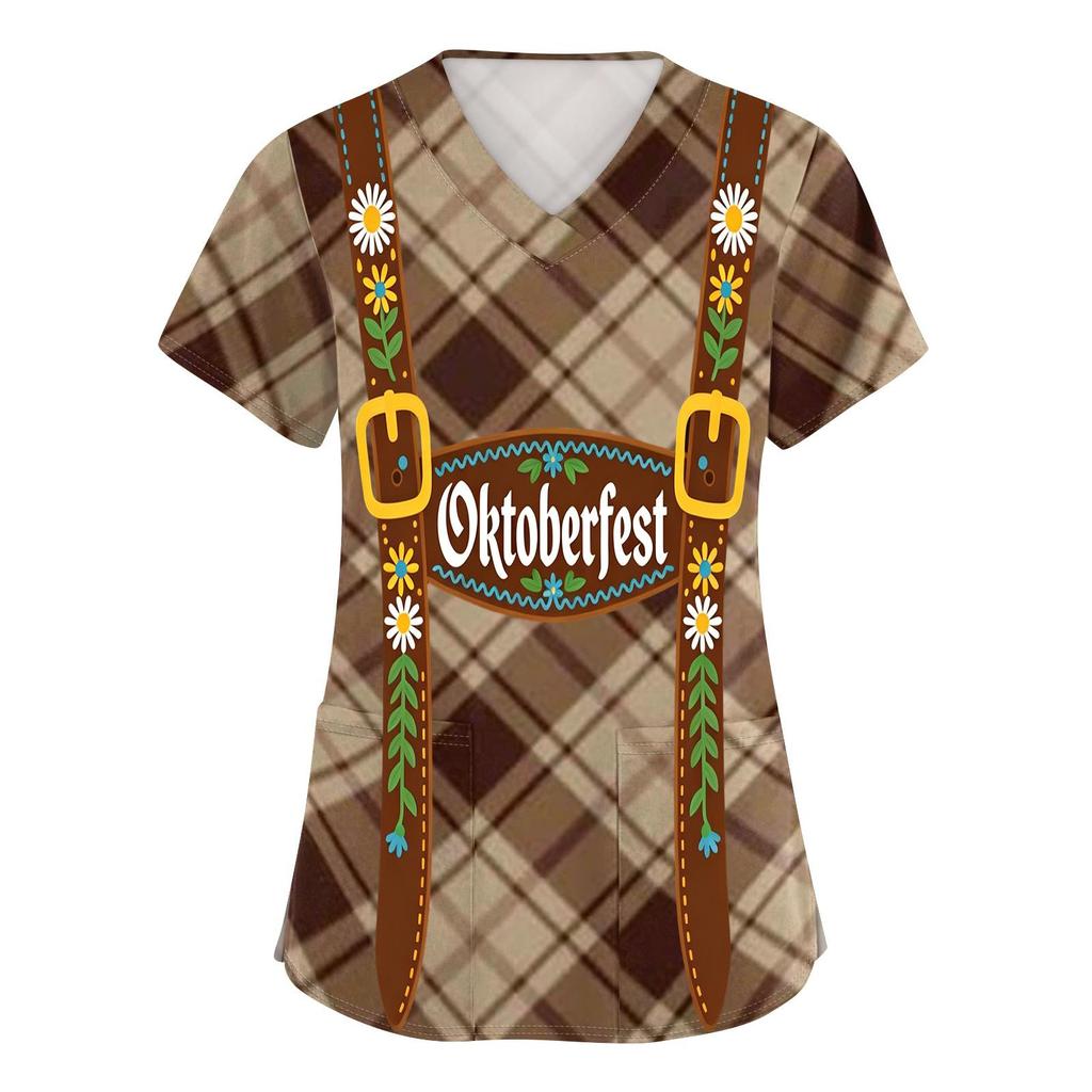 Women V Neck Short Sleeve Work Shirt with Pocket Oktoberfest Print Plaid Pattern Medical Scrub Top for Healthcare Professionals