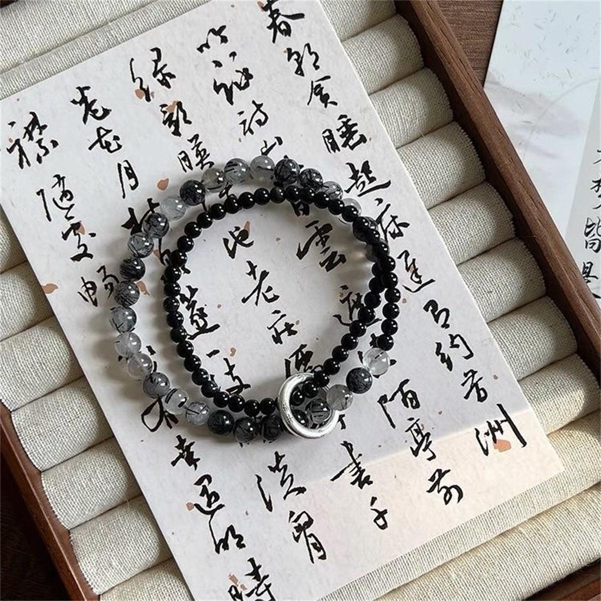 

b99 New Artistic Sense Cool Trendy Black Glass Clear Cold Feeling Beaded Bracelets Vintage Chinese Elastic Rope Handchain Women