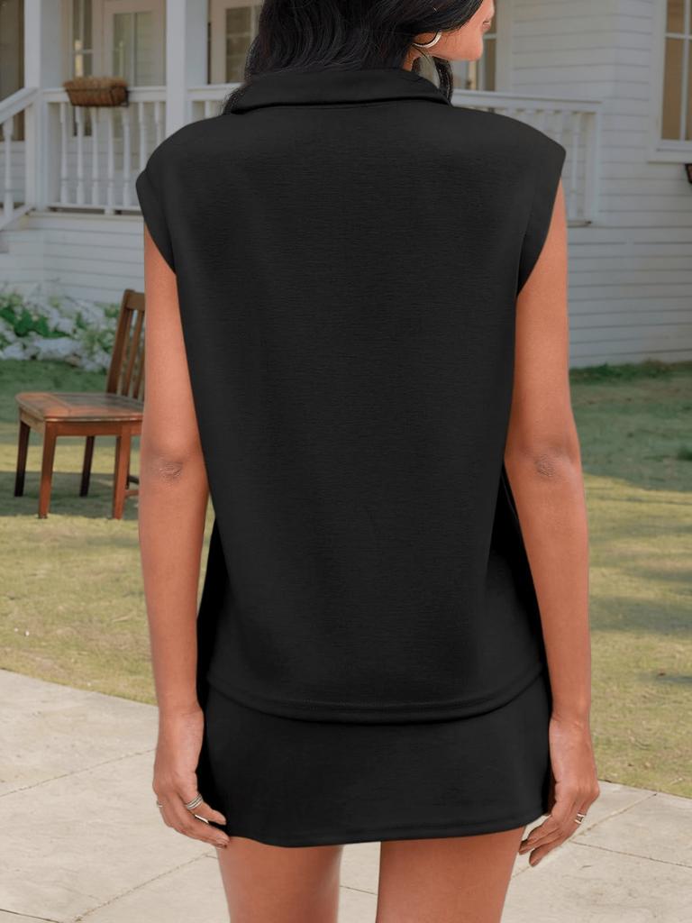 Womens Summer Tennis Skort Set Half Zip Sleeveless Top and Athletic Skirt