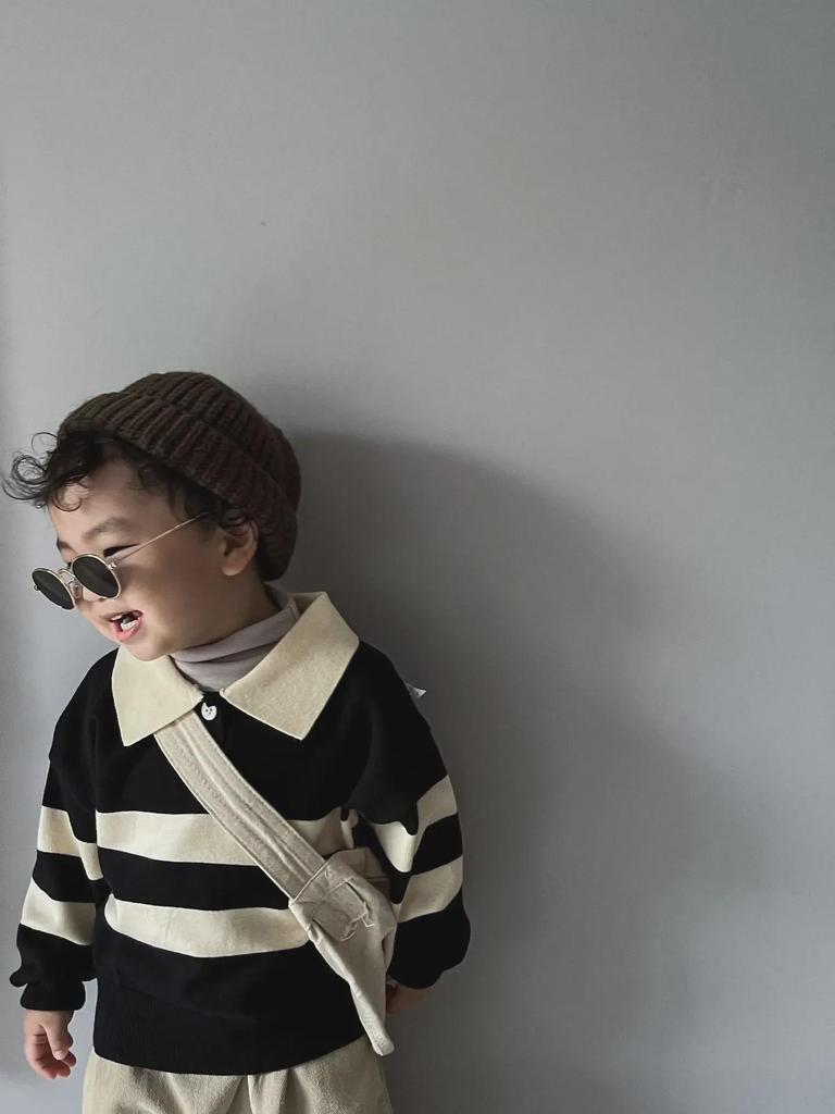 Children's POLO Sweater: Two-Button Striped Lapel, All-Season Korean Style for Boys & Girls