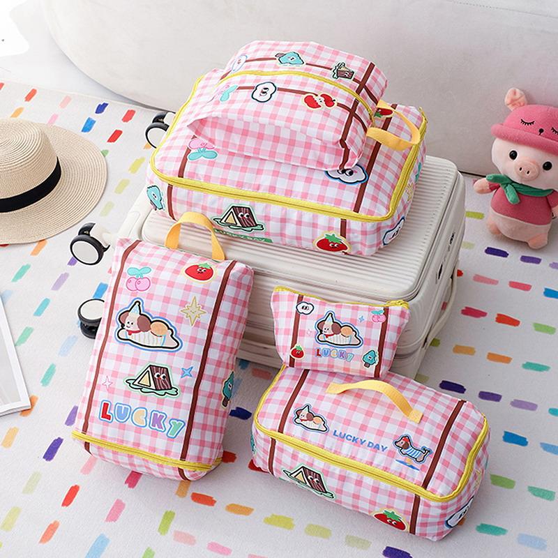 Pink Gingham Travel Organizer Set - Cute Cartoon Luggage Packing Cubes For Clothes, Toiletries