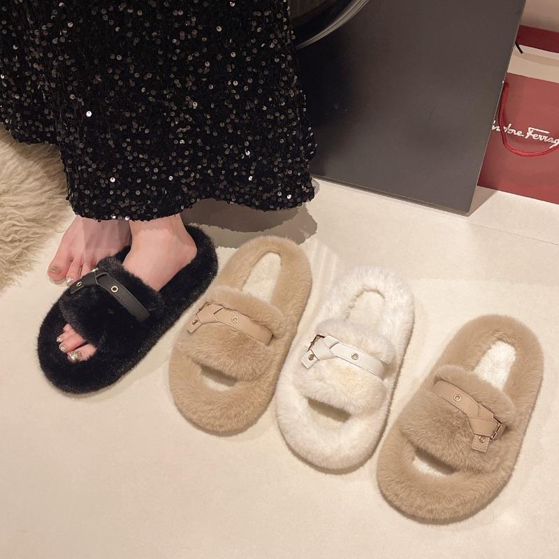 Women's Autumn and Winter New Fur Slippers Fashion Wear Belt Buckle Cotton Slippers