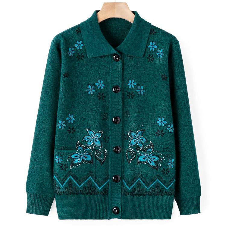 Old Lady Autumn Clothes Lapel Sweater Female Elderly Mother Sweater Jacket Autumn Clothes Mother-in-law Knitted Cardigan