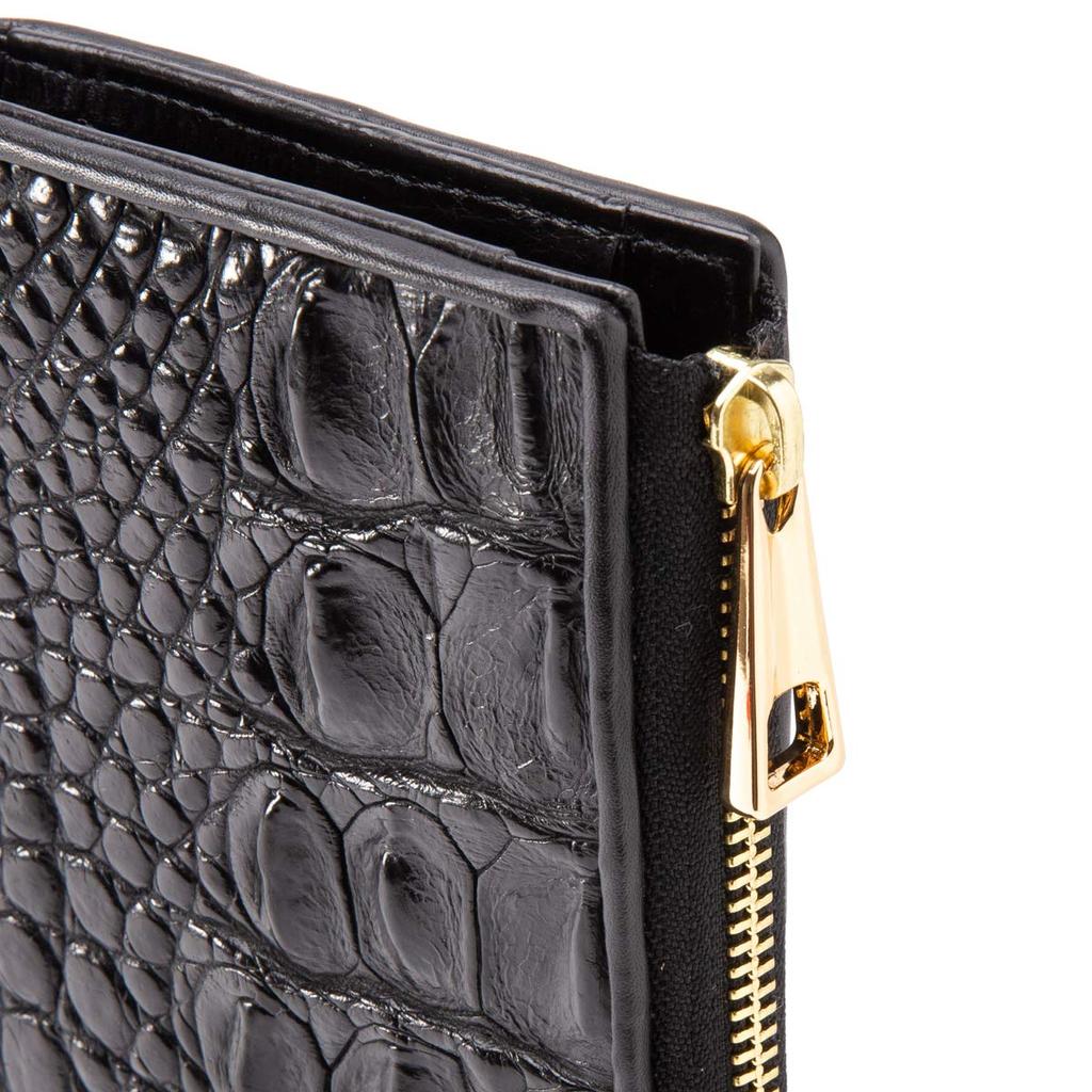 [Revetta] Crocodile Long Wallet, Gold Python Interior, Crocodile Leather, L-shaped, Men's, Genuine Leather, Round Zipper, Black, Matte Finish [081-5cr