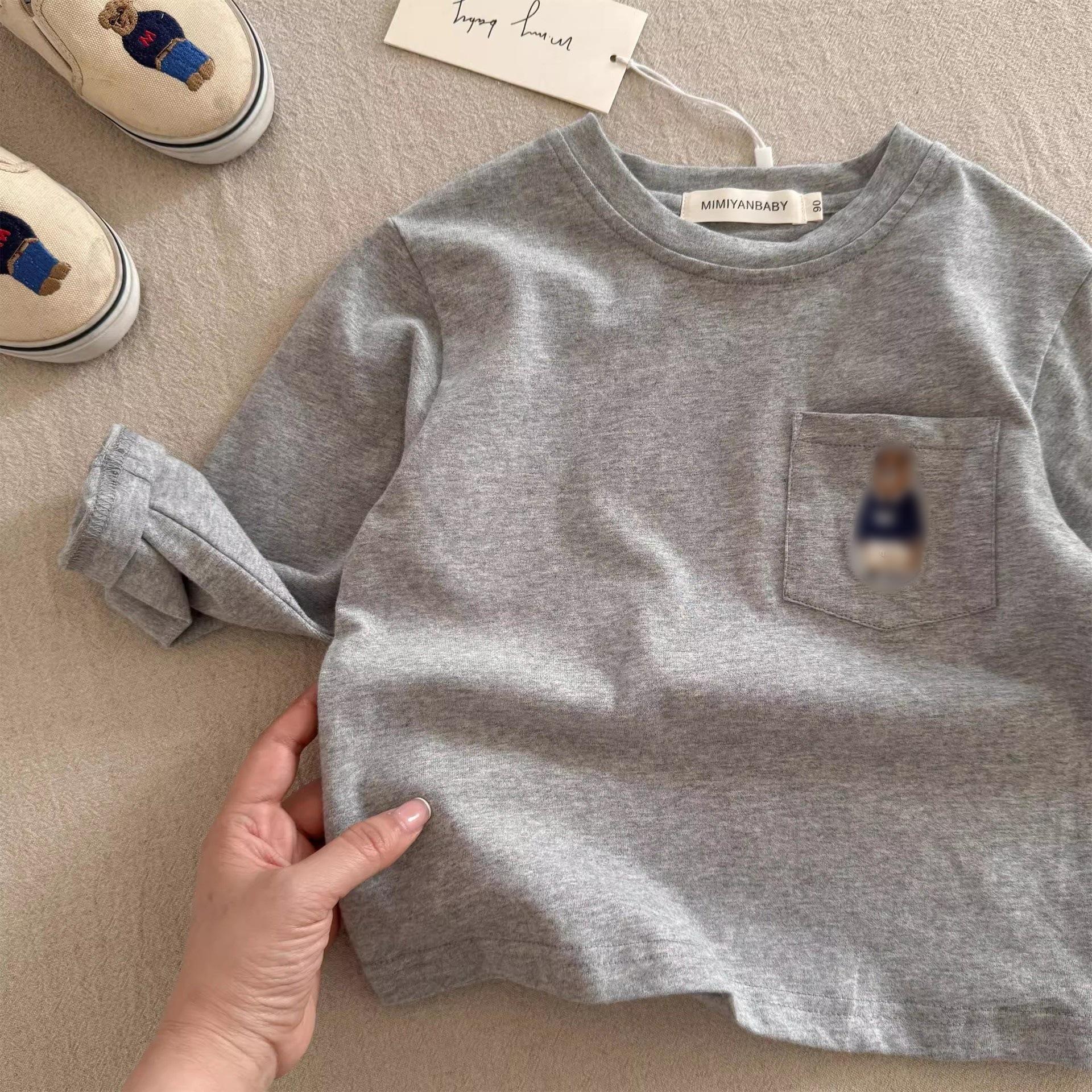Boys Long Sleeve Striped Bear Print Base Layer Top for Autumn 80 серый