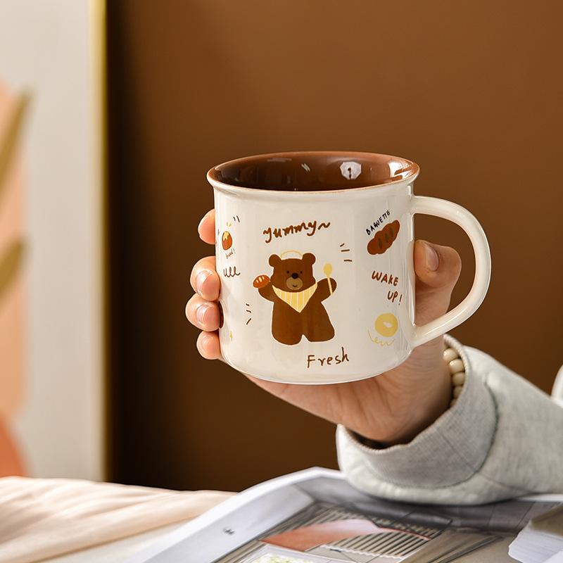 Bread Bear Retro Breakfast Cup Cute Cartoon Large Capacity Ceramic Mug Without Lid Water Cup Couple Home Cup