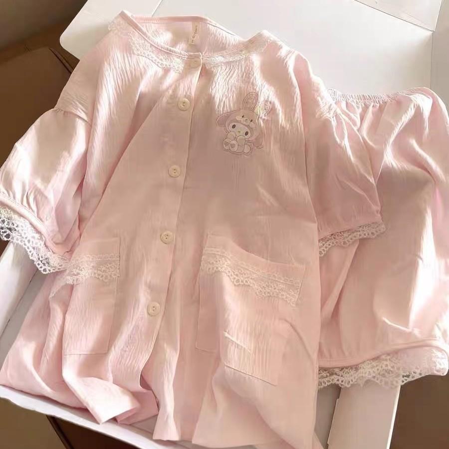 Soft and cute princess-style pink pajamas for women, shorts, and cardigan two-piece set, girls' dorm loungewear