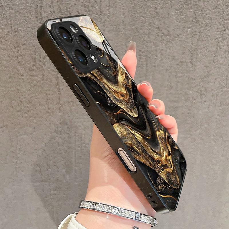 Golden Gradient Line Splice Pattern Tempered Glass Phone Case For iPhone 17 16 Pro Max 15 14 13 12 11 16E 7 8 Plus XR XS X Cover