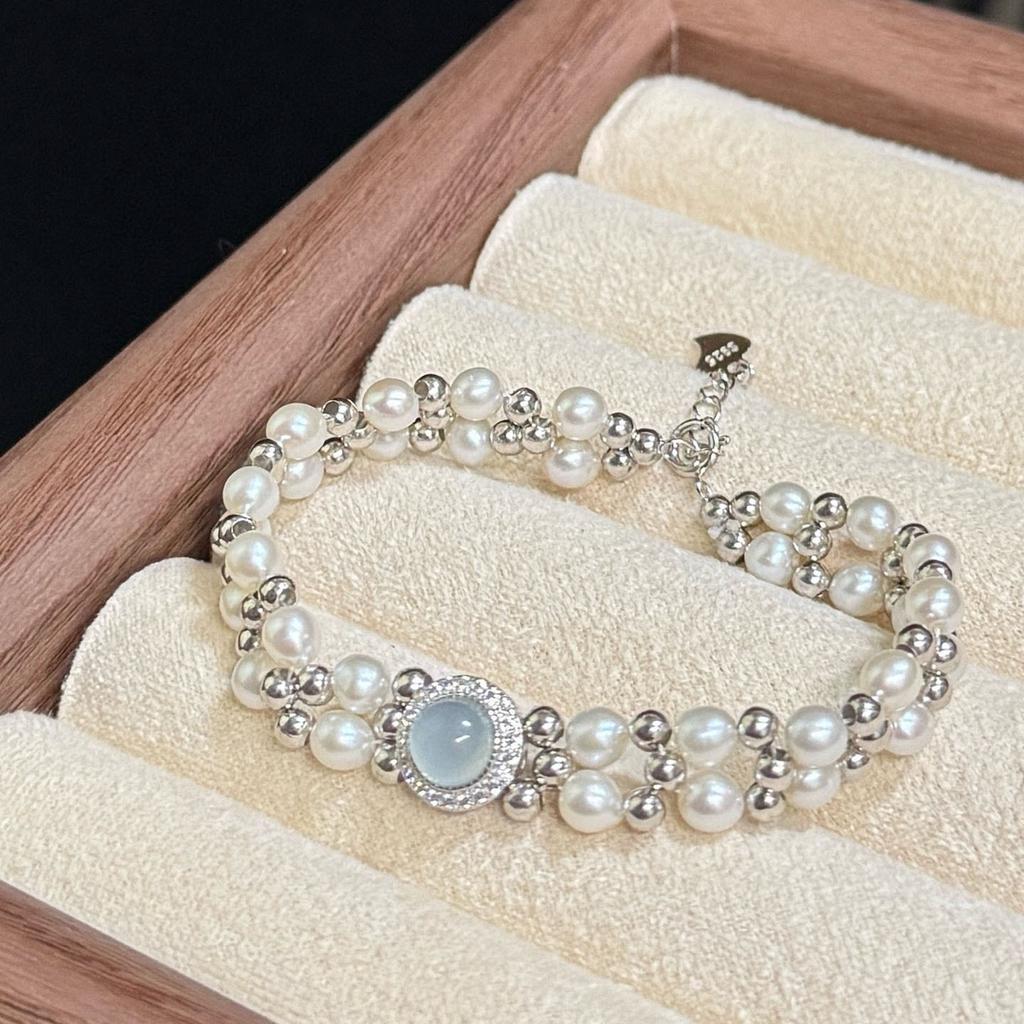 S911 Sterling Silver Aquamarine Woven Bracelet Fashionable Light Luxury High Sense Natural Freshwater Pearl Beaded Jewelry Handmade