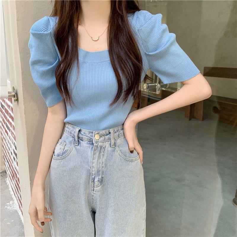 

Вязаный свитер с рукавами-пузырями и французским квадратным вырезом для женщин Весна и Лето Ретро Приталенный Половина рукава Белый С коротким рукавом Базовый топ L синий