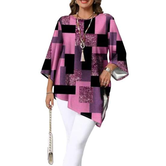 

Women Tops Three-Quarter Sleeve Round Neck Abstract Print Tee Tops Loose Fit Irregular Hem Summer Leisure Blouse XXXXXL