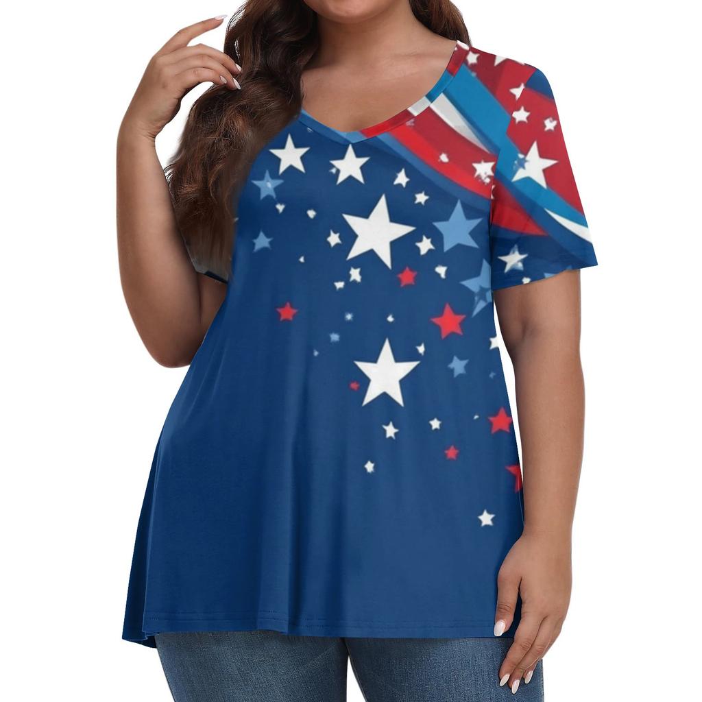 Women's Fashion Casual V-Neck Pullover Short Sleeve Large Size Independence Day Printed T-Shirt Top