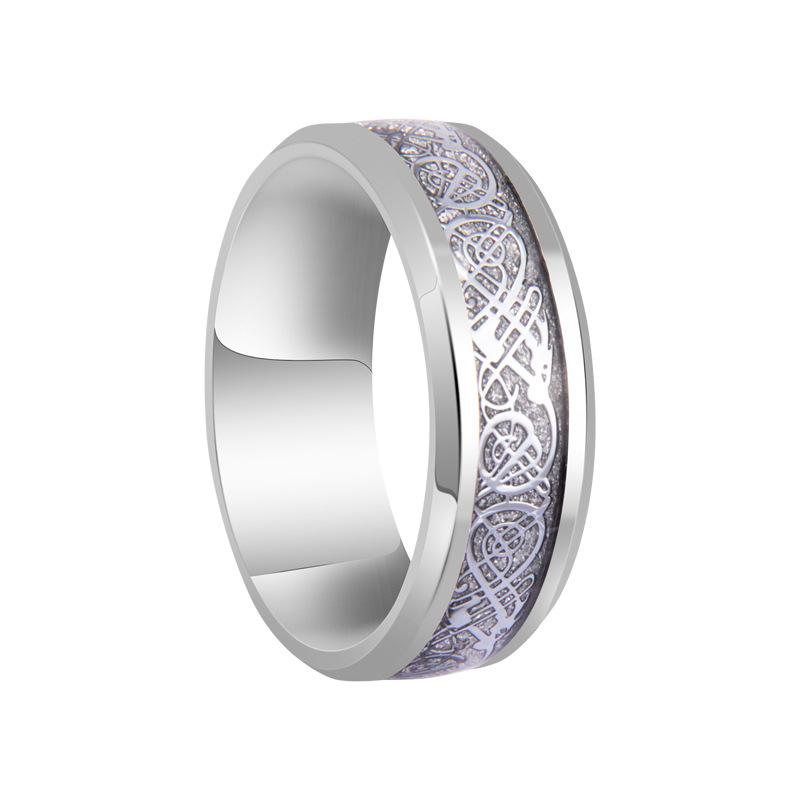 Fashion 8mm Red  Beveled Edge Stainless Steel Celtic Dragon Rings for Men  Carbon Fibre Ring Men Wedding Band