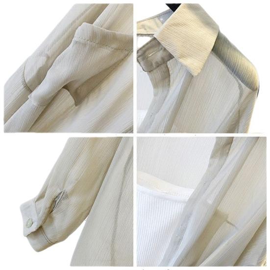 Women Top Beach Cover-up Thin Anti-UV Long Sleeves Solid Color Loose Soft Casual Lapel Spring Summer AC Shirt Sun Protection Coat