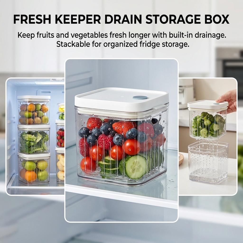 Vegetable And Fruit Storage Container With Draining Function For Refrigerator Kitchen Use