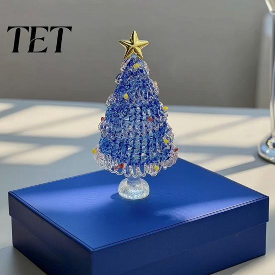 Holiday Party Centerpiece Hand Blown Glass Christmas Tree Figurine with Golen Star, Interior Design Accent Mini Xmas Ornament, Handmade Desktop