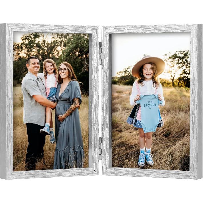 AVEAX Double 4x6 Picture Frame Hinged Folding Photo Frame with Plexiglass Front Vertical Frame on Desktop, White