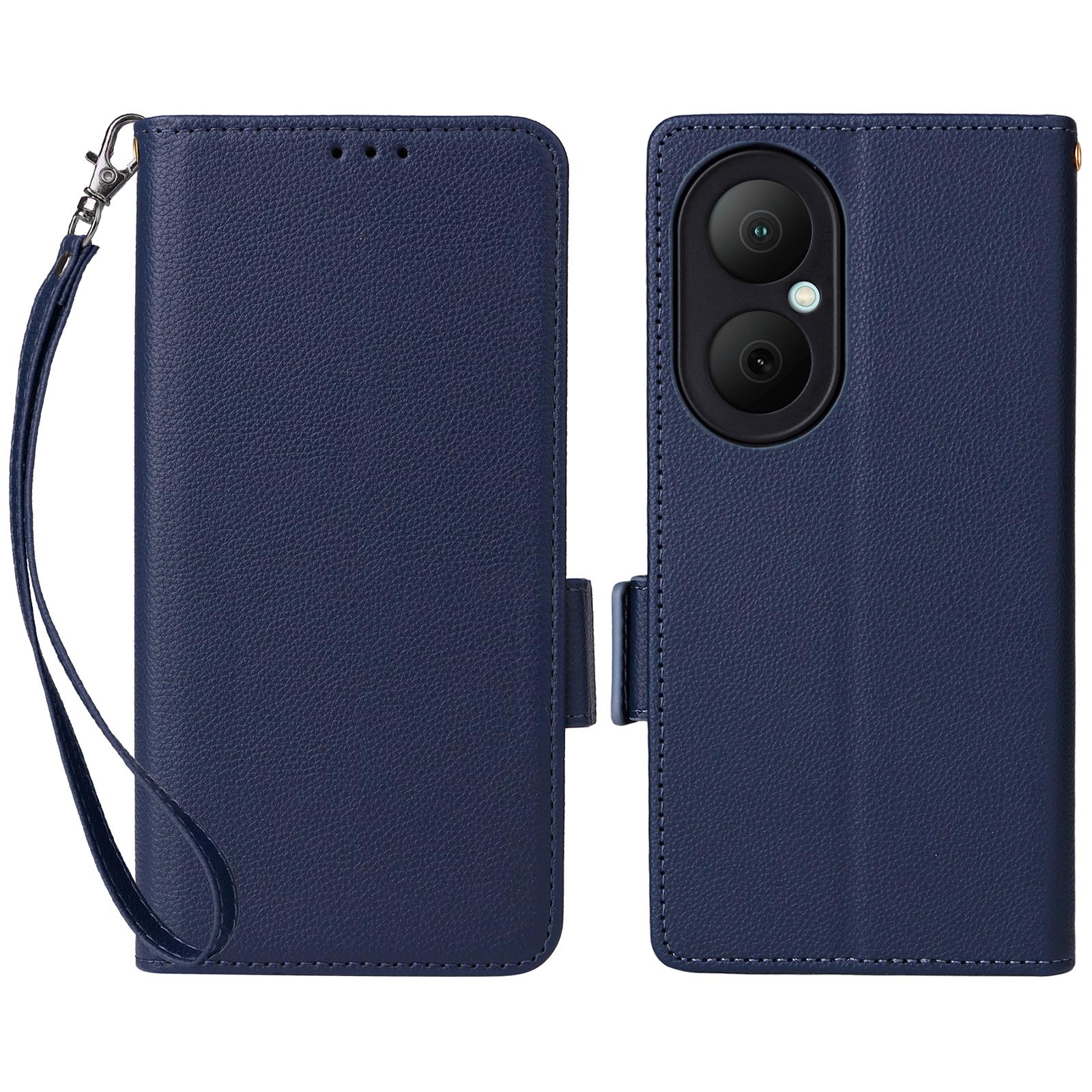 

For Huawei Enjoy 80 Case with Wrist Strap Litchi Texture PU Leather Wallet Phone Cover Dark Blue