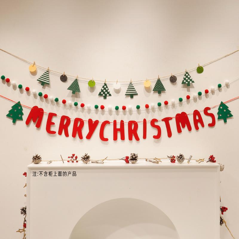 

Christmas Decorations Trees Hanging Wall Backgrounds Family Party Red Green White Furry Balls Strings Felt Banners String Lights 1set