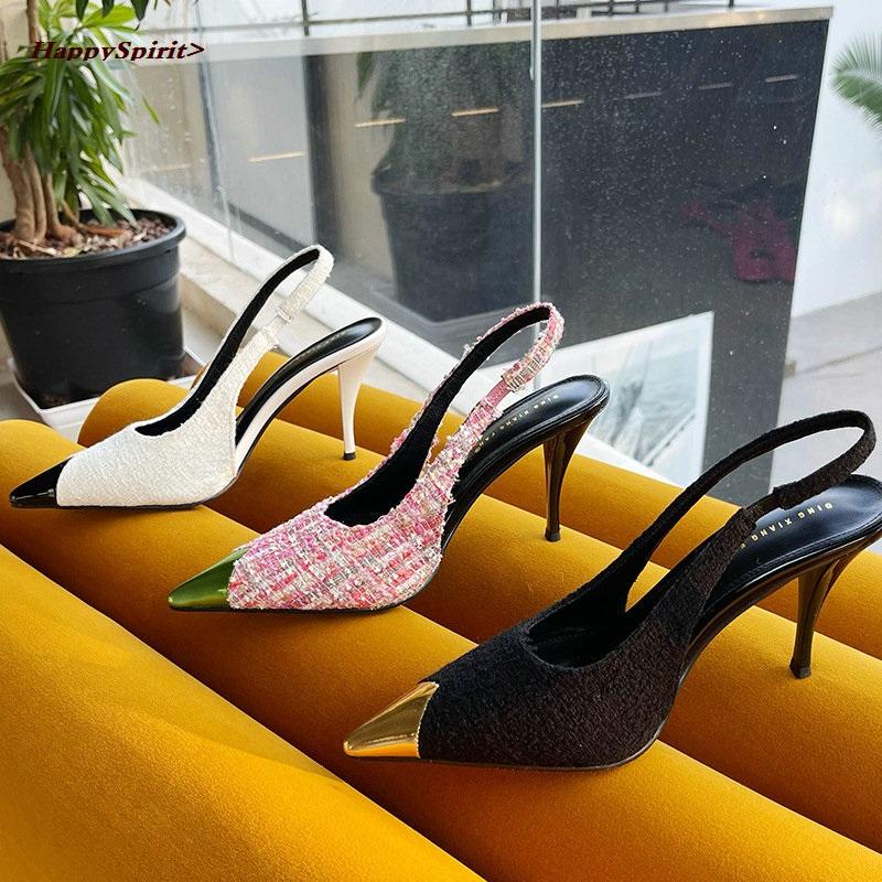 

Newestpointed Slim Mid-Heel Shoes Stitching Back Space High-Heeled Sandals Color Matching Shallow Mouth High-Heeled Women S Shoes