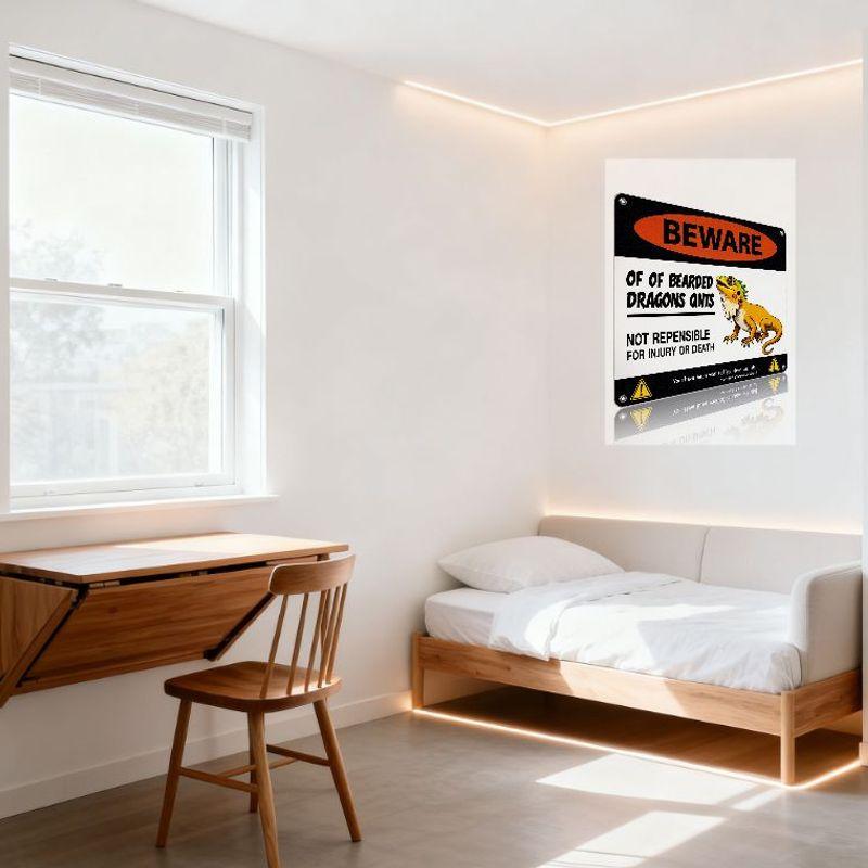 Beware of Bearded Dragons Funny Prank Metal Tin Sign - Warning of Injury, Cartoon Dragon, Home Bar Man Cave Decor