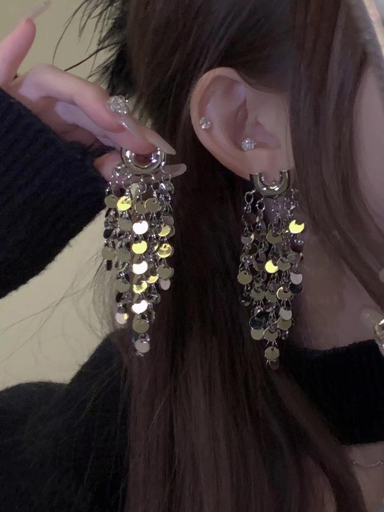 Silver Needle Diamond Fringed Metal Earrings European and American Fashion Long Earrings Light Luxury Personality Design Earrings Women