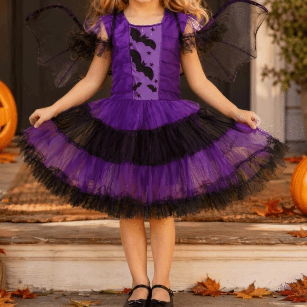 Purple Bat Design Demon Costume Wizard Hat Included Role Play Clothes Cosplay Dress  For Girls