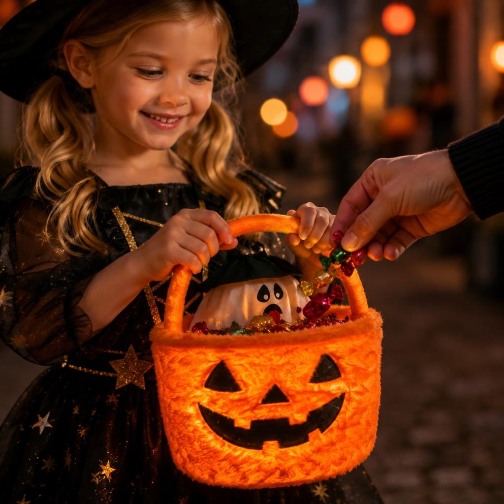 Halloween Glowing Pumpkin - Plush Candy Bag with Handle, Light Up or Decorations, Novelty Gift for Kids and Adults