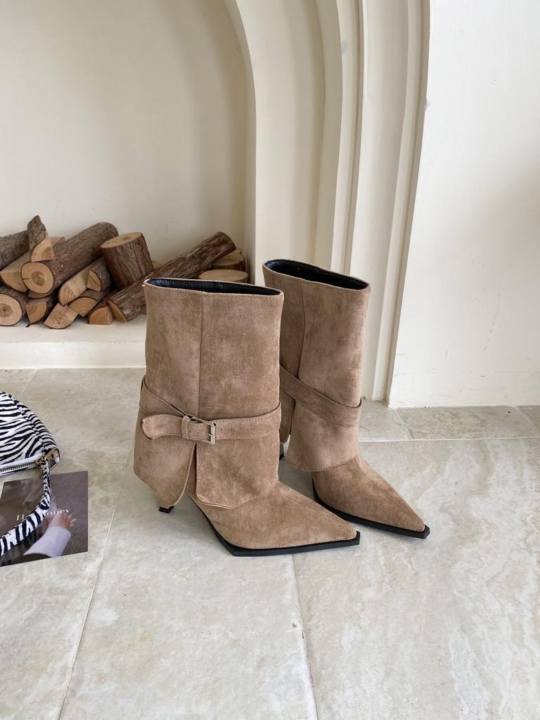 2025 new autumn European and American style belt buckle suede pointed high heel stiletto short boots