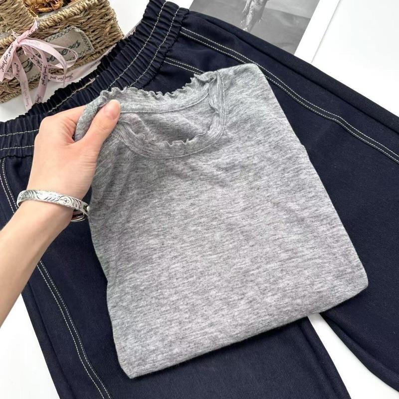 women ruffle trim crew neck t-shirt three-quarter sleeve casual loose fit solid color summer top