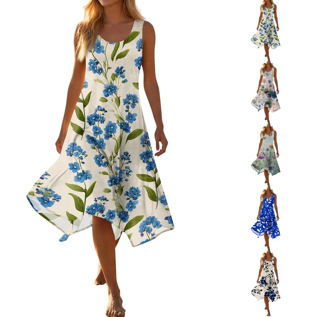 Women Casual Sleeveless Floral Print Dress Round Neck Irregular Hem Mid Length Summer Dress Lightweight Comfortable Fabric